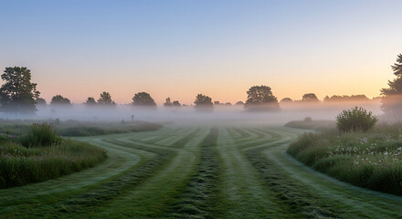 Serene Sunrise Meadow, Foggy Pathways