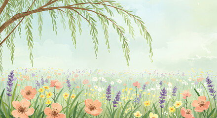Pastel Floral Meadow, Willow Tree, Spring Landscape Illustration