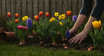 Woman Planting Spring Bulbs in Garden Bed