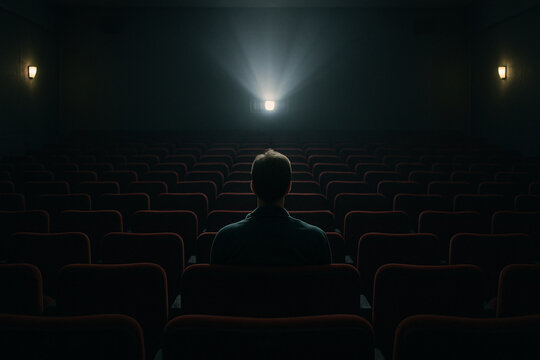 Lone man viewed from behind sitting in a dark, empty movie theater as the projector beam shines forward
 - Powered by Adobe