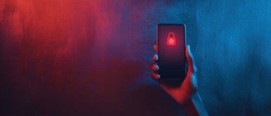 The smartphone with glowing lock icon held in hand against neon blue red backdrop