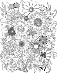 Intricate black and white floral design coloring page for creative relaxation transparent background