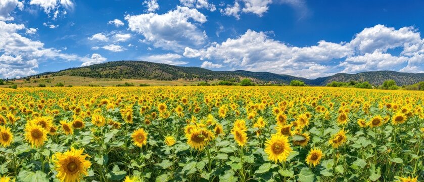 Fototapeta The Sunflower Field Stretching Under a Dramatic Blue Sky and Rolling Hills