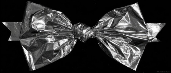 Folded metallic wrapping tied in a bow on a black background