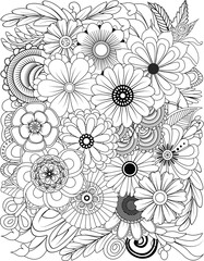 Intricate black and white floral design with detailed line art and botanical elements transparent background