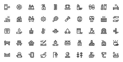 Spa icon set. Relaxation vector symbols. Includes appointment, candles, massage, sauna, bathrobe, facial mask, lotion, perfume, shampoo and more. Editable stroke.