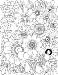 Intricate outline floral pattern detailed artistic arrangement of flowers for coloring and design projects transparent background