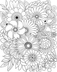 Detailed floral pattern coloring page for relaxation and creativity transparent background