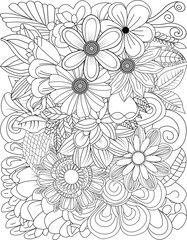 Intricate floral pattern detailed black and white outline for coloring and design transparent background