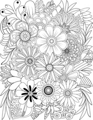 Detailed black and white floral bouquet sketch intricate design for coloring or artistic inspiration transparent background