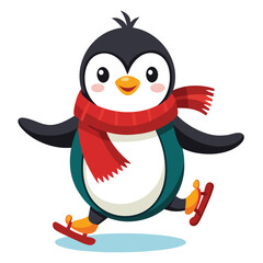 Obraz premium A cartoon penguin happily ice skating while wearing a christmas scarf, a fun and playful icon for winter sports and holidays.