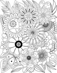 Intricate floral design coloring page captures detailed flower bouquet for creative expression and relaxation transparent background