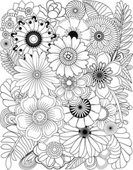 Intricate black and white floral pattern of various blooming flowers and leaves transparent background