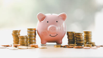 Money box filled with coins, saving cash, banking wisely, making sound investments can build...