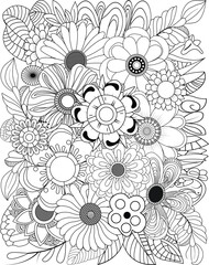 Intricate floral pattern coloring page for adults detailed botanical design with many flowers transparent background