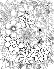 Intricate detailed floral bouquet coloring page for adults and children transparent background