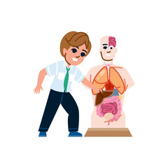 Curious schoolboy studying human anatomy with anatomical model