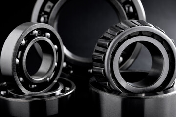 group of bearings close-up on black background