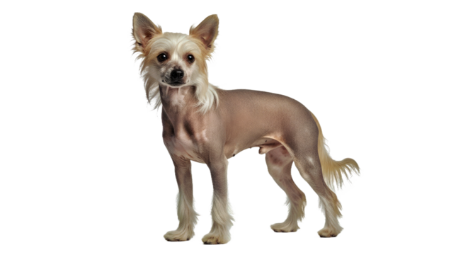 Chinese Crested dog isolated on white: distinctive hairless toy breed.