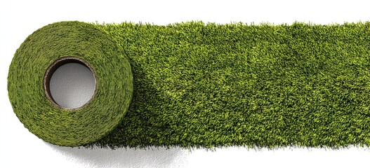 Rolled-up artificial turf on a white background
