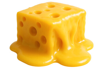 Realistic Melted Cheese Block with Holes Isolated on Transparent Background