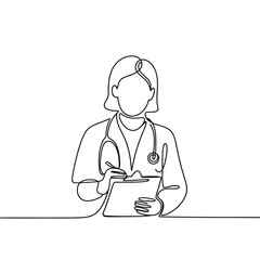 Doctor wearing stethoscope writing on clipboard single line drawing