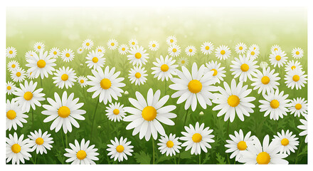 Daisy Field, Spring Meadow, White Flowers, Green Grass, Floral Background