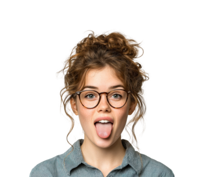 Playful young woman sticking out tongue portrait fun, isolated on transparent background, png