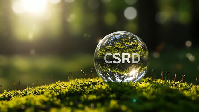 Glass sphere with CSRD text on lush moss symbolizing sustainable corporate reporting