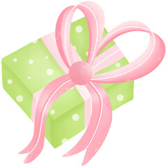 Green gift box with bow tie in the shape of a heart