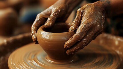 Potter's Hands Molding a Clay Bowl on a Spinning Wheel