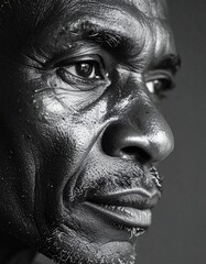 Obraz premium Black and white close-up portrait of an African man, dramatic high contrast lighting, deep focus on wrinkles and face structure, clean minimal background