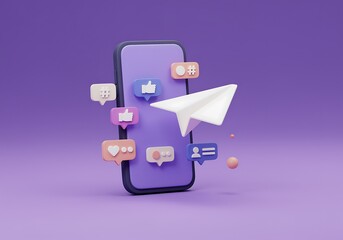 Mobile Phone with Social Media Notification Icons and Paper Plane on Purple Background 3D Render Illustrating Digital Communication and Engagement Strategy