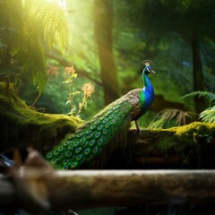 Obraz premium Majestic peacock with magnificent tail feathers perched on mossy log in sunlit forest