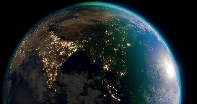 Asian continent from space at sunrise