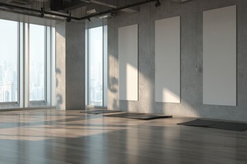 Obraz premium Modern industrial interior with spacious design large windows natural daylight minimal decor concrete walls wooden flooring urban cityscape view professional photography