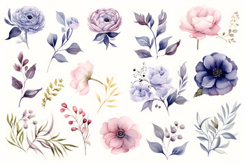 Elegant watercolor illustration of a variety of delicate pastel flowers including peonies, roses, and leaves, perfect for floral-themed designs, stationery, and botanical art prints.
