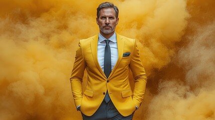 Businessman in High-Saturation Yellow Smoke: Fashion Workplace & Visual Impact