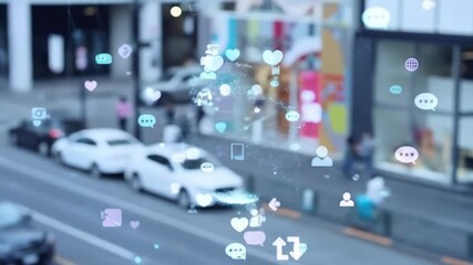 Social media icons overlaid on a city street scene - Powered by Adobe