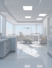 Modern medical clinic with clean bright examination rooms advanced dental chairs and professional healthcare environment for patient care and treatment