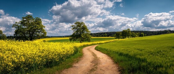 Obraz premium [The Winding Country Road Through Sunny Rapeseed Fields and Rolling Green Hills]