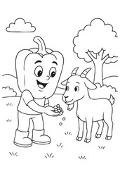 coloring book paprika feeding a goat in the field.