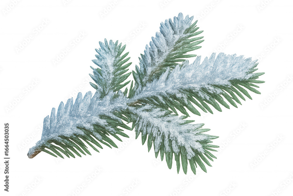 Poster snow-covered fir branch in realistic 3d rendering, transparent background highlighting winter holida