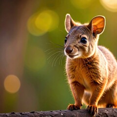 Obraz premium a close-up shot of a cute squirrel perched on a branch, its eyes wide with curiosity, set against a blurred natural backdrop