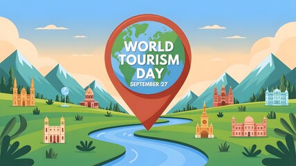 World Tourism Day Illustration Globe in Location Pin, September 27 Travel Concept. Ai Generative