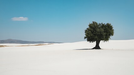 Serene Landscape Featuring a Solitary Tree Standing Strong Against the Vast Expanse of White Sandy Hills under a Clear Blue Sky conveying Tranquility and Resilience