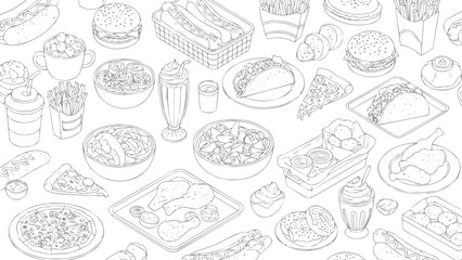 Fast food vector set in American outline style, vector
