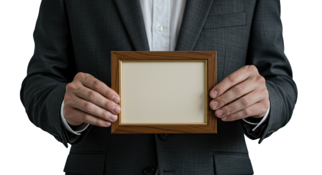 Professional hands in business attire holding an elegant, empty vintage film frame, blank interior prominent, on a blurred office background with high-key light, concept of new ideas and potential