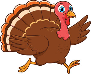 Cute cartoon turkey running with open wings, colorful feathers, funny thanksgiving bird illustration, holiday animal clipart, happy festive turkey