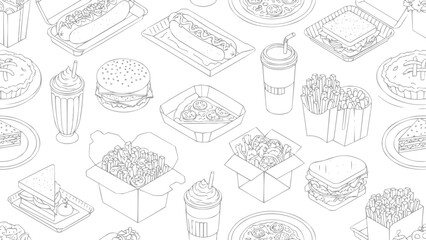 American diner food vector outline illustration set, vector